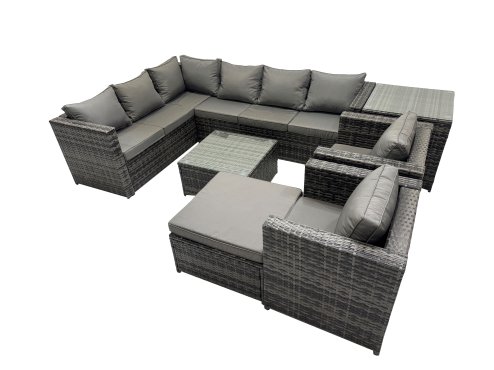 Fimous Rattan Garden Furniture Patio Furniture Sets with Corner Sofa Square Coffee Table Big Stool Side Table Dark Grey Mixed