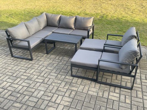 Fimous 9 Seater Aluminium Outdoor Garden Furniture Set Patio Lounge Sofa with Oblong Coffee Table 2 Big Footstools Dark Grey