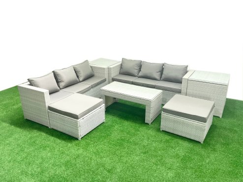 Fimous 8 Seater Garden Outdoor Rattan Furniture Set Rattan Garden Sofa Oblong Coffee Table with 2 Big Footstools 2 Side Tables Light Grey Mixed