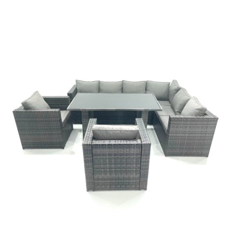 Fimous Outdoor Lounge Rattan Corner Sofa Set Garden Furniture Rectangular Dining Table Chair Dark Grey