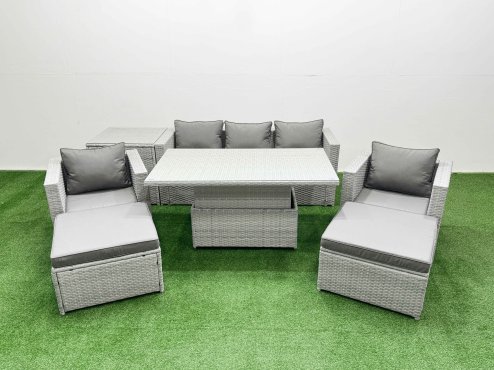 Fimous 7 PCs Rising Dining Table Set Rattan Furniture Set with 3 Seater Sofa Chair 2 Big Footstools Side Table Light Grey