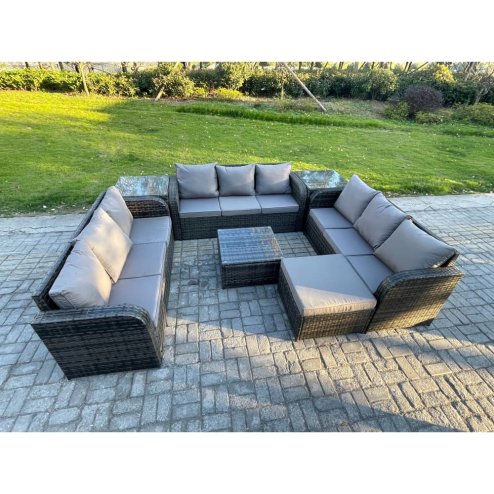 Fimous Rattan Outdoor Furniture Set Patio Garden Sofa Set with Square Coffee Table Big Footstool 2 Side Tables Dark Grey Mixed
