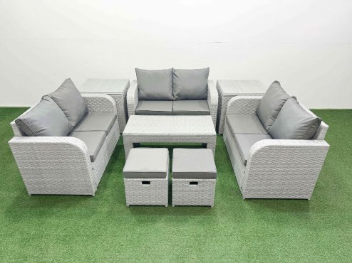 Fimous 8 Seater PE Wicker Rattan Furniture Sofa Sets with Oblong Coffee Table 2 Seater Love Sofa 2 Stool 2 Side Table Light Grey