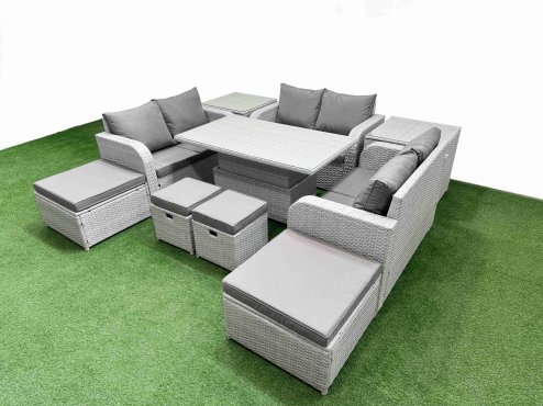 Fimous 10 PCs Rising Dining Table Set Inclining Love Sofa Seat 2 Big Footstool 2 Small Stool 2 Side Table Light Grey