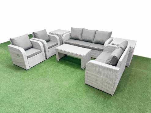 Fimous PE Rattan Garden Furniture Set Adjustable Chair Sofa Double Love Seat 2 Seater Sofa Lounge Set Rectangular Coffee Table 2 Side Table Light Grey