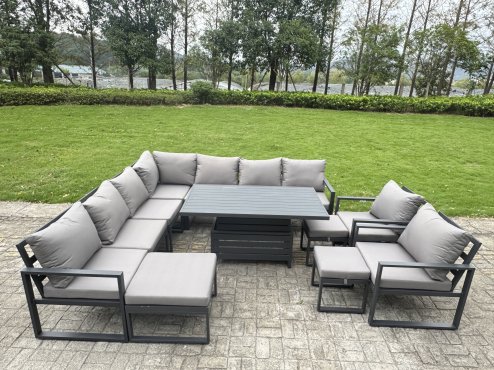 Fimous L-shaped Garden Furniture Set 11-Seater Aluminium Outdoor Dining Set with Adjustable Rising Lifting Dining Table 3 Footstools Chair Dark Grey