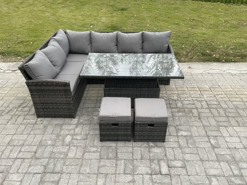 Fimous Wicker PE Outdoor Rattan Garden Furniture Set Height Adjustable Rising Lifting Table Sofa Dining Set with 2 Small Footstools Dark Grey Mixed