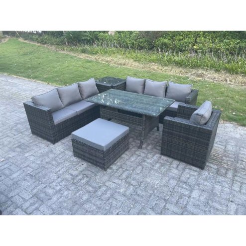 Fimous 8 Seater Outdoor Lounge Sofa Garden Furniture Set Patio Chair Rattan Rectangular Dining Table with Side Table Big Footstool Dark Grey Mixed