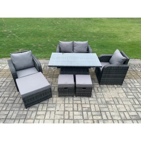 Fimous Wicker PE Rattan Furniture Garden Dining Set Outdoor Height Adjustable Rising lifting Table Love Sofa Chair With 3 Stools