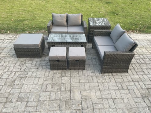 Fimous 7 Seater High Back Rattan Garden Furniture Sofa Sets with Rectangular Coffee Table Side Table 3 Footstools Loveseat Sofa Dark Grey Mixed