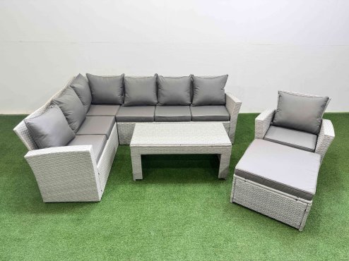 Fimous Rattan Garden Furniture Set Outdoor 8 Seater Corner Sofa Sets with Oblong Coffee Table Chair Big Footstool Light Grey Mixed