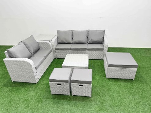 Fimous 8 Seater PE Rattan Wicker Garden Furniture Patio Conservatory Sofa Set with Square Coffee Table 3 Seater Sofa Love Sofa 3 Stool Side Table Image