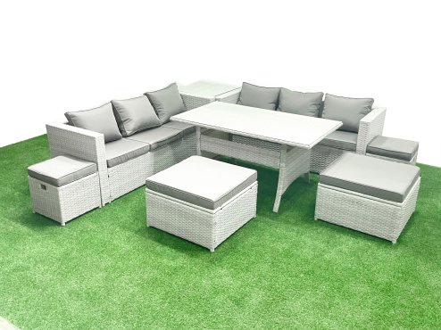 Fimous Rattan Garden Furniture Set Outdoor 10 Seater Patio Dining Sets with Glass Top Dining Table and Side Table Light Grey Mixed