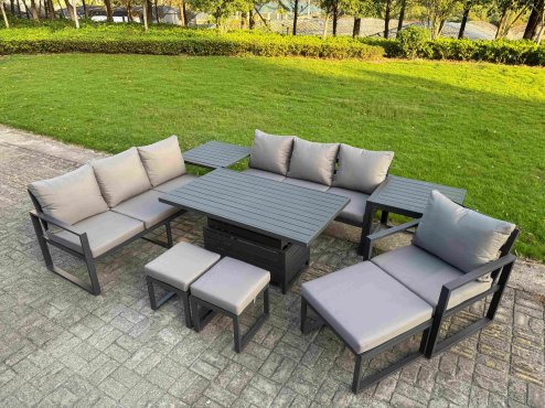 Fimous Garden Aluminium Furniture Set Dark Grey 10 Seater Outdoor Patio Adjustable Rising Lifting Dining Table with 3 Footstools Side Table Dark Grey