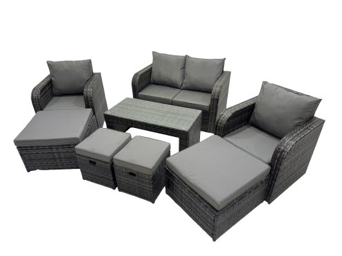 Fimous 3 Seater Sofa Reclining Chair Coffee Table Set Rattan Garden Outdoor Furniture Set with 4 Stool Dark Grey Mixed