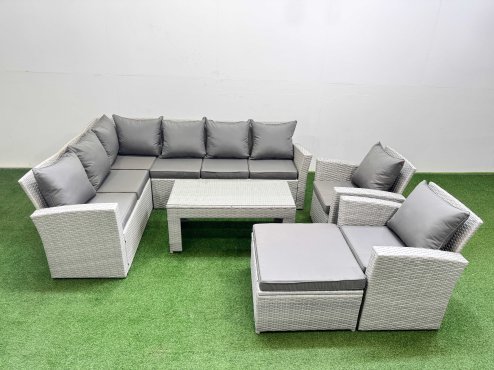 Fimous Rattan Garden Furniture Set Outdoor 9 Seater Corner Sofa Sets with Oblong Coffee Table Chair Big Footstool Light Grey Mixed