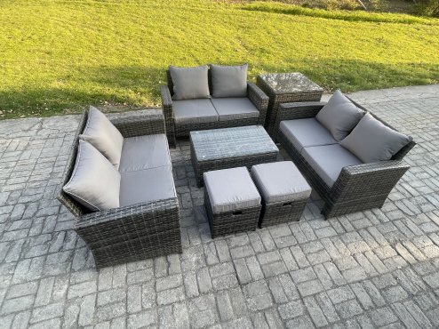 Fimous 7pc Rattan Sofa Garden Furniture Outdoor Patio Set with Side Table 2 Small Footstools Double Seat Sofa Dark Grey Mixed
