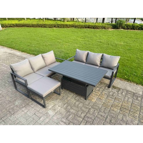 Fimous 5 Pieces Garden Furniture Set Aluminium Adjustable Rising Lifting Dining Table and Sofa Set with 2 Side Tables Dark Grey