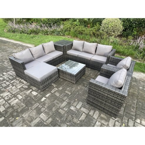 Fimous Outdoor Rattan Garden Furniture Set 9 Seater Patio Lounge Sofa Set with 2 Armchairs Side Table Square Coffee Table Big Footstool Dark Grey Mixed
