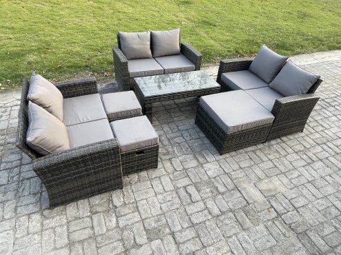 Fimous Outdoor U Shape Sofa Set Wicker PE Rattan Garden Furniture Set with Coffee Table Double Seat Sofa 3 Footstools Dark Grey Mixed