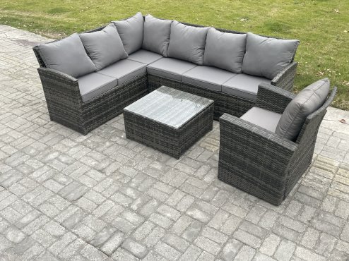 Fimous 7 Seater Outdoor Garden Furniture Set Wicker PE Rattan Corner Sofa Set with Square Coffee Table Armchairs Dark Grey Mixed