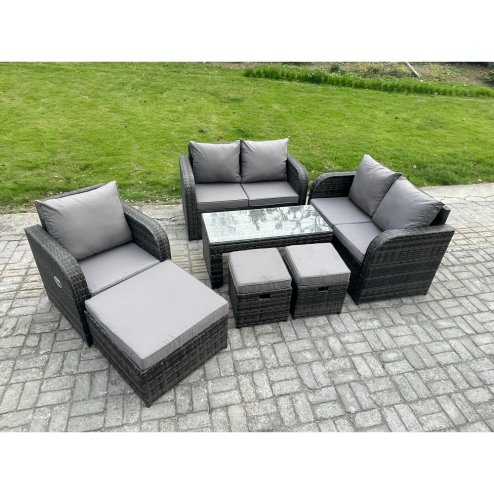Fimous Rattan Outdoor Garden Furniture Sofa Set Patio Table & Chairs Set with 3 Footstools Dark Grey Mixed