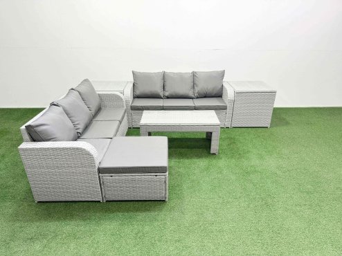 Fimous Outdoor Garden Furniture Sets 7 Seater Wicker Rattan Furniture Sofa Sets with Oblong Coffee Table high Back Lounge Sofa Big Footstool 2 Side Table Light Grey