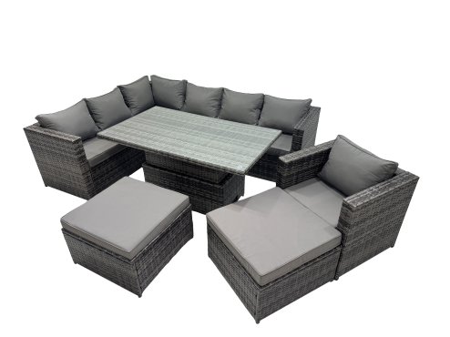 Fimous 9-seater Height Adjustable Rising Lifting Table Corner Sofa Set Rattan Garden Furniture Dining Set with 2 Big Stool Dark Grey Mixed