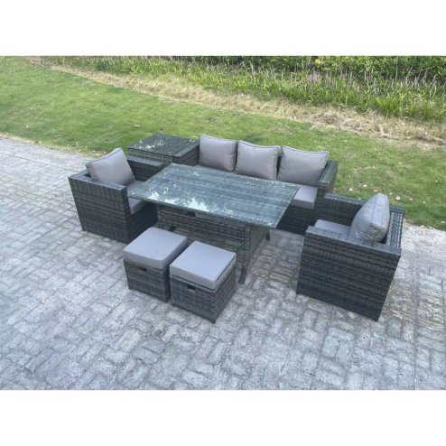 Fimous 7 Seater Rattan Garden Furniture Set Patio Outdoor Rectangular Dining Table Lounge Sofa Chair with Side Table 2 Small Stools Dark Grey Mixed