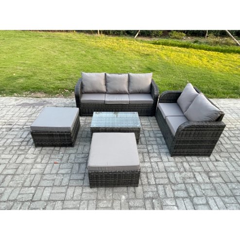 Fimous 7 Seater Rattan Wicker Garden Furniture Patio Conservatory Sofa Set with Rectangular Coffee Table 3 Seater Sofa Love Sofa 2 Big Footstool