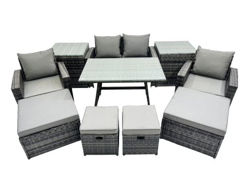 Fimous 8 Seater Wicker PE Rattan Furniture Outdoor Dining Table Double Seat Sofa 2 Side Tables 4 Stools Set Dark Grey Mixed