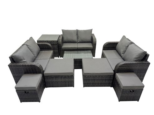 Fimous Outdoor Love Sofa Coffee Table Set Garden Rattan Furniture Set 10 Seater with 4 Stools Side Table Dark Grey