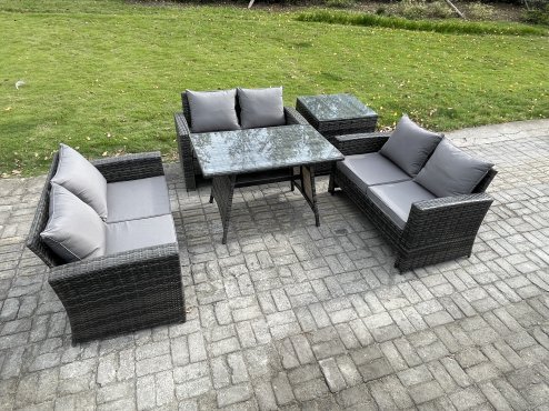 Fimous 6 Seater Rattan Wicker Garden Furniture Patio Conservatory Sofa Set with Rectangular Dining Table Love Seat Sofa Side Table