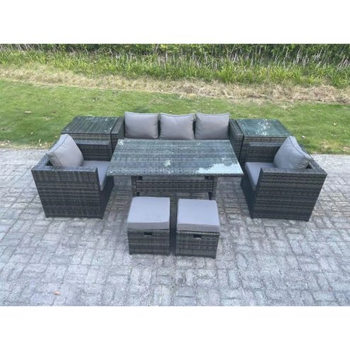 Fimous Outdoor Garden Furniture Set Patio Rattan Rectangular Dining Table Lounge Sofa Chair with 2 Side Table 2 Small Stools Dark Grey Mixed
