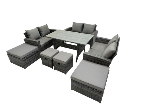 Fimous 10 Seater Wicker PE Rattan Furniture Outdoor Dining Table Double Seat Sofa 4 Stools Set Dark Grey Mixed