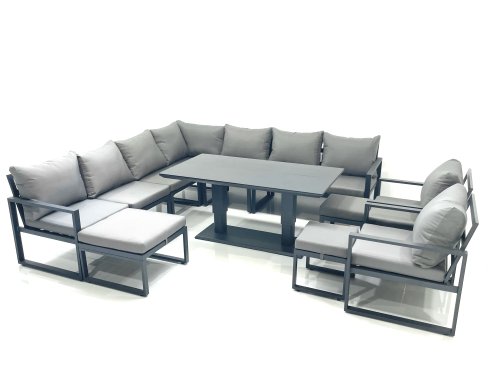 Fimous 12 Seater Outdoor Aluminum Garden Furniture Set Corner Sofa 2 Chair 3 Footstools Adjustable Rising Lifting Dining Table Sets Dark Grey
