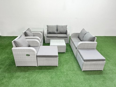 Fimous 8 Seater Outdoor Reclining Chair Love Sofa Set Rattan Garden Furniture Set with Square Coffee Table 2 Big FootStools Side Table Light Grey