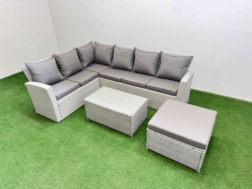 Fimous 7 Seater Garden Outdoor PE Rattan Furniture Set Rattan Garden Sofa Set with Oblong Coffee Table Light Grey Mixed