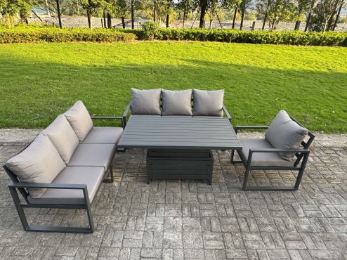 Fimous 8 Pieces Garden Furniture Set Aluminium Adjustable Rising Lifting Dining Table and Sofa Set with 2 Side Tables 3 Footstools Dark Grey