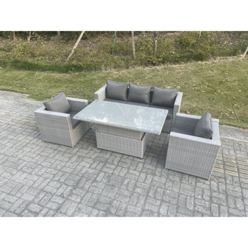 Fimous Rattan Garden Funiture Set Height Adjustable Rising Lifting Table Sofa Dining Set With 2 Arm Chair