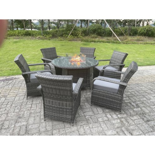 Fimous Rattan Garden Furniture Gas Fire Pit Rectangle Round Dining Table And Dining Chairs 6 Seater + Round Table