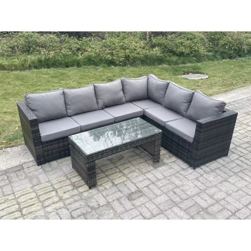 Fimous 6 Seater Rattan Corner Sofa Lounge Sofa Set With Rectangular Coffee Table Dark Grey Mixed Right Hand