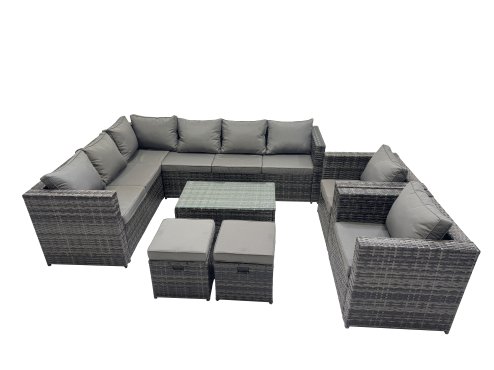 Fimous Outdoor Rattan Rectangular Coffee Table Corner Sofa Sets Garden Furniture Set with 2 Chairs 2 Small Stools Dark Grey Mixed