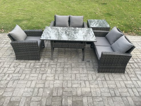 Fimous Wicker Rattan Garden Dining Set Outdoor Furniture Sofa with Dining Table Double Seat Sofa Side Table Dark Grey Mixed