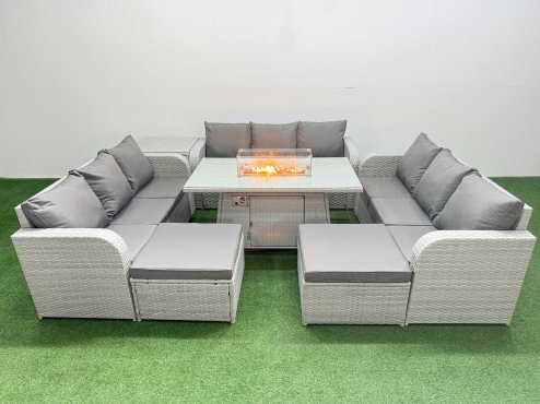 Fimous PE Rattan Lounge Sofa Set 11 Seater Outdoor Garden Furniture Set with Firepit Dining Table 3 Seater Sofa 2 Big Footstools Side Table Light Grey