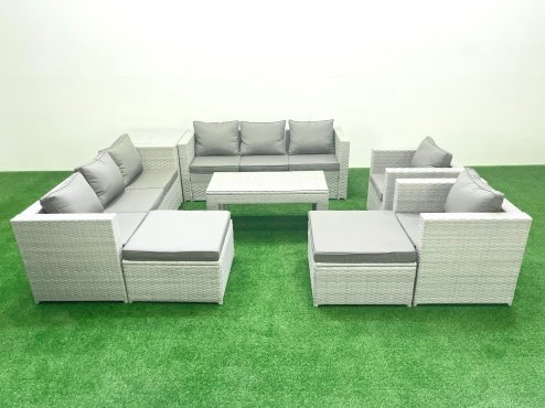 Fimous Outdoor Garden Furniture Rattan Sofa Set with 2 Armchairs Oblong Coffee Table 2 Big Footstools Side Table Light Grey Mixed