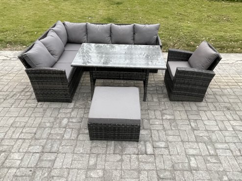 Fimous 8 Seater Outdoor Rattan Garden Furniture Set with Rectangular Dining Table Big Footstool Armchair Patio Wicker Corner Sofa Set Dark Grey Mixed