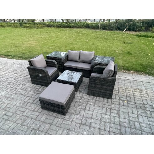Fimous Rattan Garden Furniture Set Patio Conservatory Indoor Outdoor 7 Piece Set with Love Sofa Square Coffee Table 2 Side Tables Big Footstool