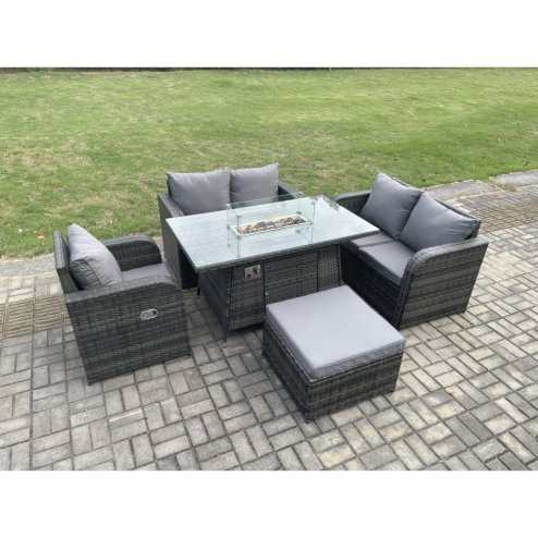 Fimous 6 Seater Rattan Outdoor Garden Furniture Sofa Set Gas Fire Pit Dining Table Gas Heater with Love Sofa Big Footstool Dark Grey Mixed
