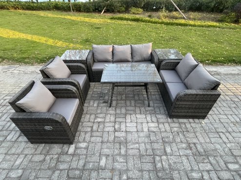 Fimous 7 Seater High Back PE Rattan Sofa Set Outdoor Garden Furniture Dining Table Set With Reclining Chair 3 Seater Sofa Love Sofa 2 Side Tables
